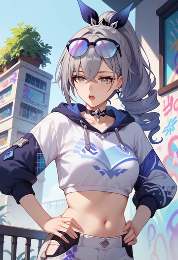 star rail,silver wolf,cropped graffiti sweatshirt,dolphin shorts  - AI generated anime art